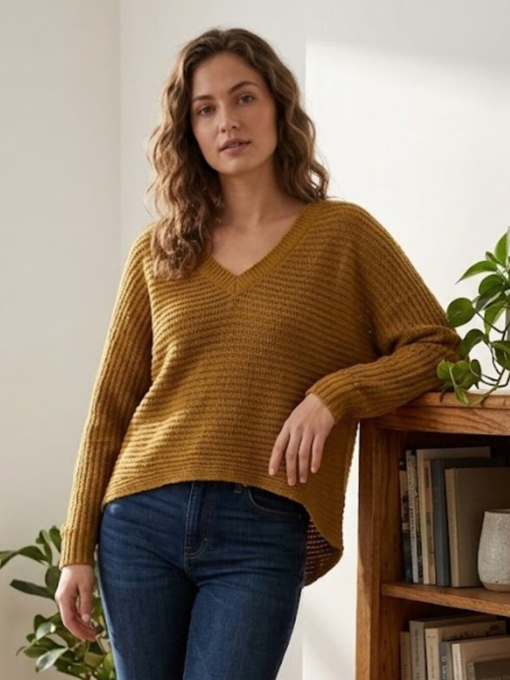 American Eagle Sz Small Mustard Yellow Crop Long Sleeve Loose Knit Sweater Hi-lo